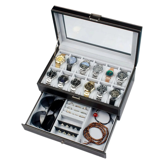 2024 12-Slot Leather Watch Storage Box — Lockable 2-Tier Organizer & Jewelry Display Drawer for Men & Women