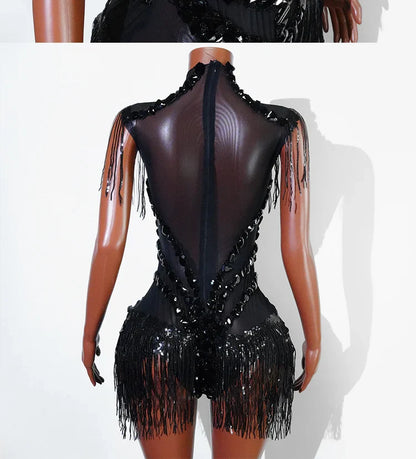 Sexy Shiny Silver Sequin & Black Spandex Jumpsuit — 2025 Women’s Prom, Dancer & Stage Performance Costume