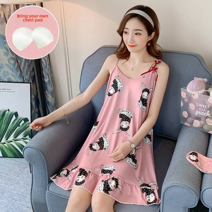 Women’s Cartoon Animal Pajama Set - Cute Loose Sling Nightgown with Bra Pad & Free Eye Mask for Sleepwear