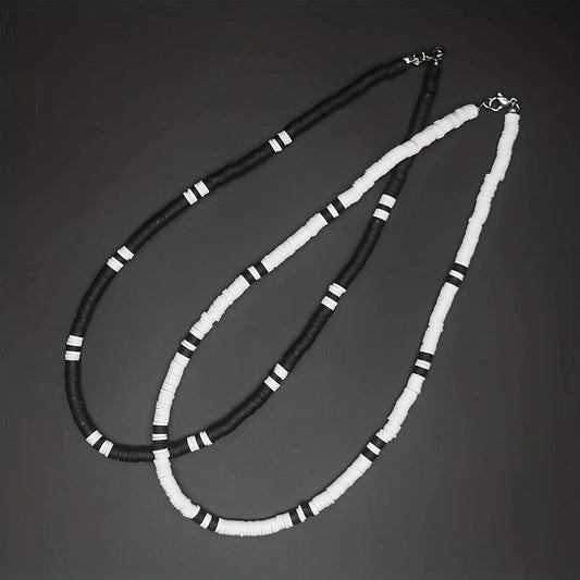 Bohemian White & Black Polymer Beads Necklace – Unisex Collar for Men and Women