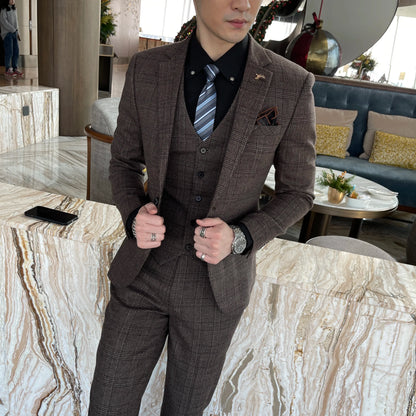 Men’s British Korean Plaid Three-Piece Suit – Stylish Business Casual Set with Blazer, Vest & Trousers