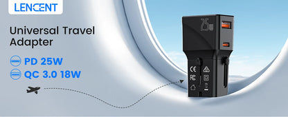 LENCENT Universal Travel Adapter – USB QC 3.0 & PD 20W Type-C Fast Charger for US, EU, UK, AUS Travel