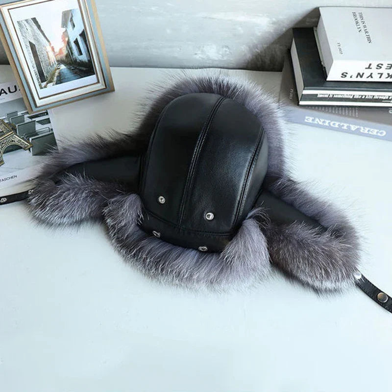 Natural Raccoon & Fox Fur Russian Ushanka Hat – Women’s Black Winter Bomber Cap with Ear Flaps