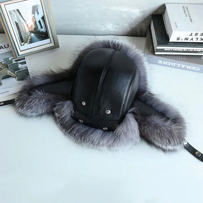 Natural Raccoon & Fox Fur Russian Ushanka Hat – Women’s Black Winter Bomber Cap with Ear Flaps