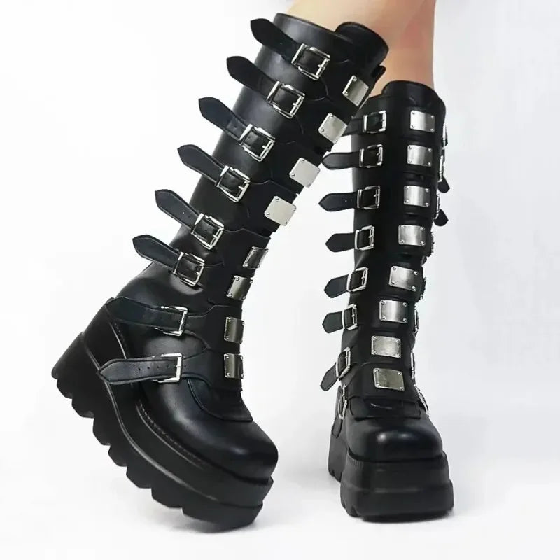 Women’s Gothic Knee-High Platform Boots – Black Punk Motorcycle Shoes for Halloween Cosplay