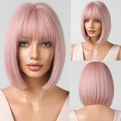 CharmSource Pink BOBO Short Synthetic Wig for Women — Natural Wave, High-Density, Heat-Resistant Hair for Daily & Party