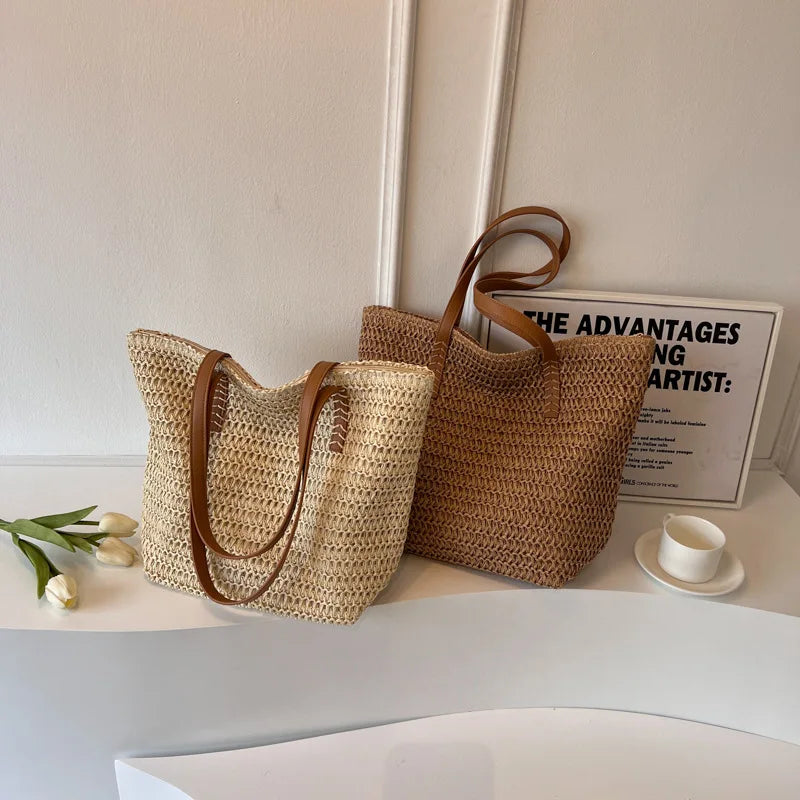 Women’s Hand-Woven Straw Shoulder Bag – Bohemian Summer Beach Tote & Travel Shopper 2025 Fashion Weave Handbag