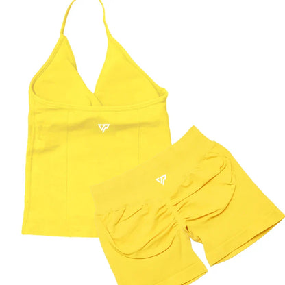 Women’s 2-Piece Yoga Set – Seamless Gym Outfit with Shorts & Lace-Up Sports Bra, High Quality Fitness Activewear Set