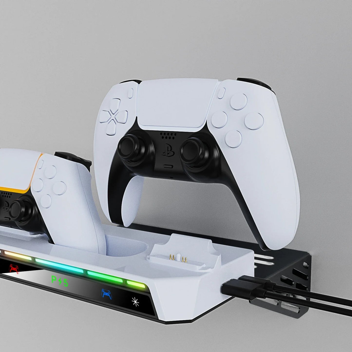 PS5/PS5 Pro/Slim Wall Mount Kit – RGB Light Stand with Charging Station & Headset Hanger for Dual Controllers