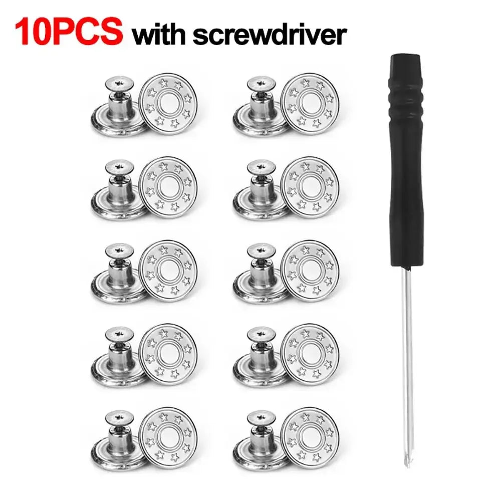 10Pcs 17mm Metal Jeans Buttons – No-Sew Screw Replacement Repair Kit for Pants & Denim