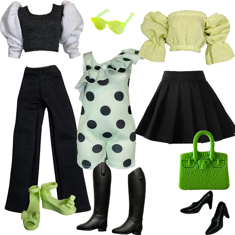 1/6 Doll Clothes Set — Handmade Fashion Outfits with Green Dress, Bag & Shoes for 12-Inch (30cm) Dolls