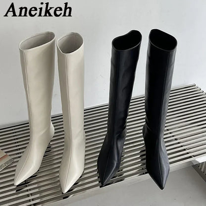 Aneikeh 2025 Fashion Sexy Pointed Low Heel Knee-High Boots – Women's Spring/Autumn PU Western Party Boots (Size 35-40)