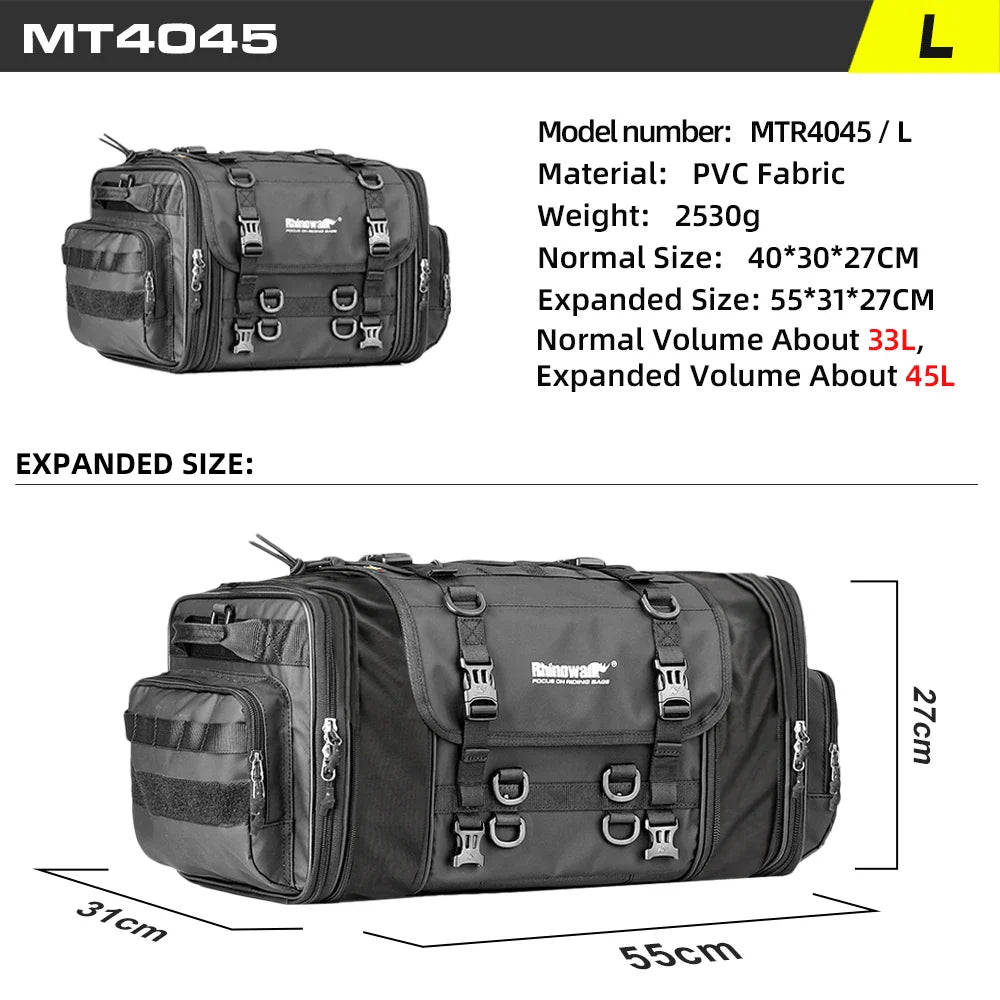 Rhinowalk Waterproof Motorcycle Travel Luggage Bag – 19L–80L Expandable Rear Tail/Trunk Rack Bag for Most Motorcycles