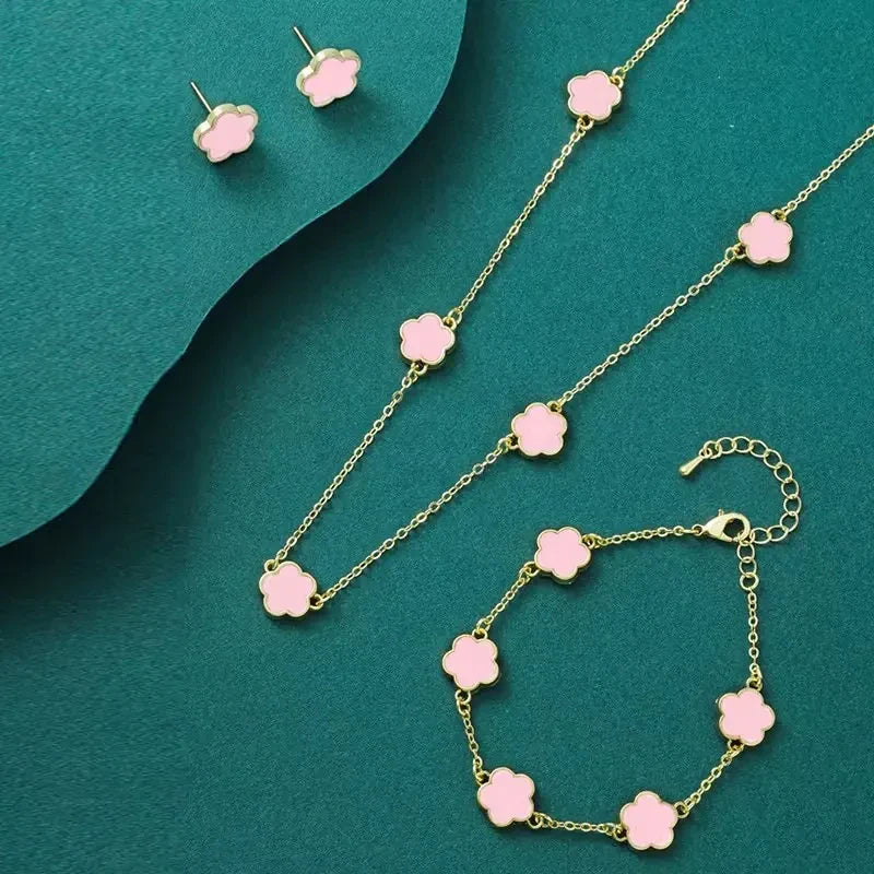 Lucky Five-Petal Flower & Clover Bracelet, Earrings, Necklace Set – Stylish Women's Party Jewelry Accessories