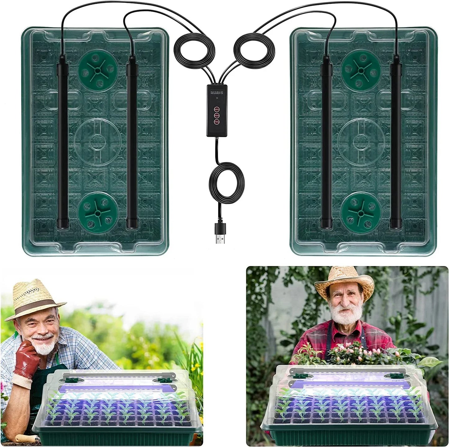 Seed Starter Trays with High Dome Germination Kit - 2 Packs, 80 Cells, 4 LED Grow Lights, Smart Timer & 3 Modes for Home Garden