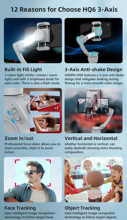 HQ6 3-Axis Gimbal Handheld Stabilizer – With Fill Light, Face Tracking, Anti-Shake for Android & iPhone Video Recording