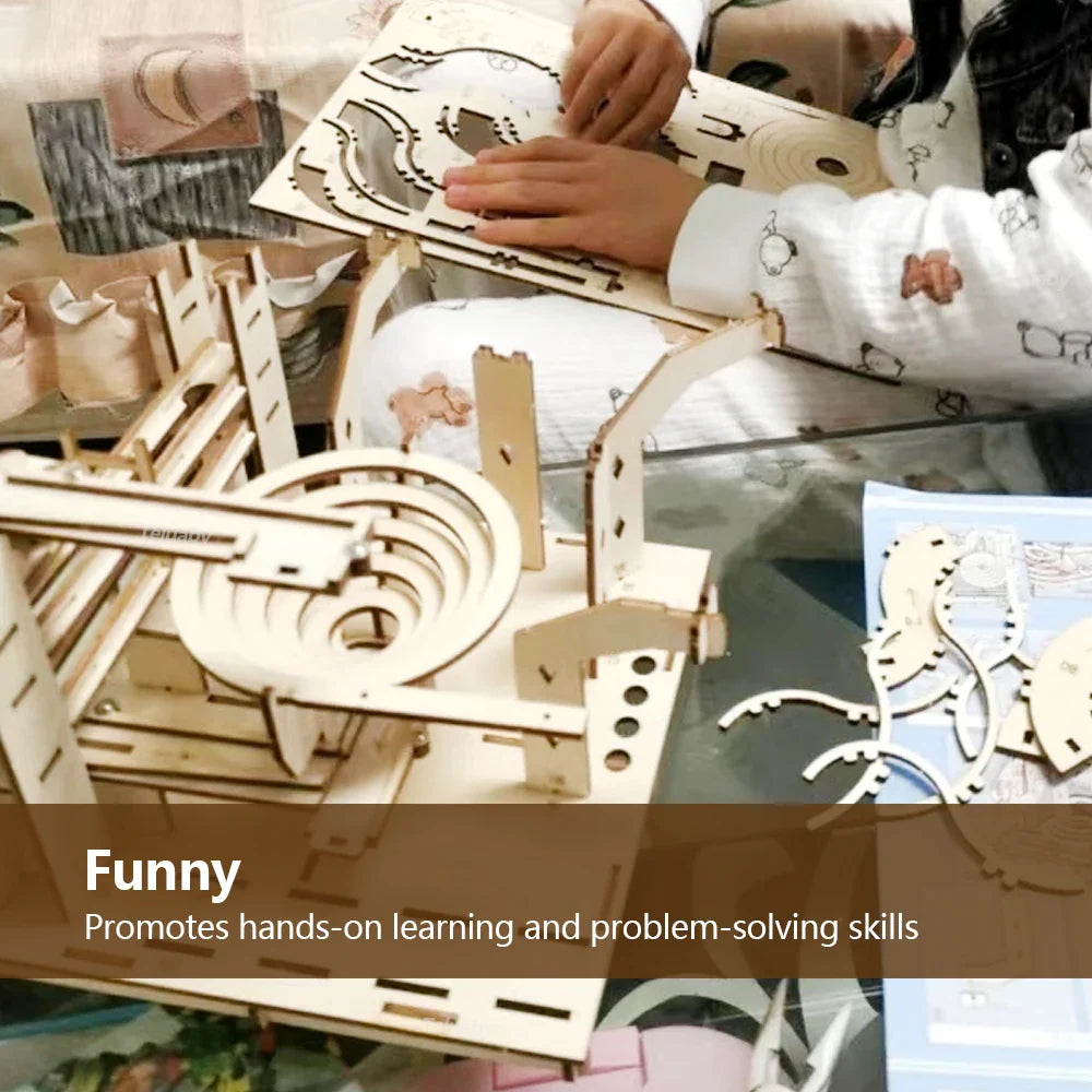 3D Wooden Puzzle DIY Mechanical Model Kit – Marble Run Set with 4 Balls, Assemble Toys for Adults & Kids, Unique Gifts