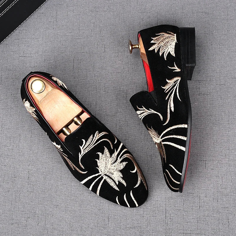 Men's Suede Leather Loafers - Luxury Embroidered Moccasins for Party & Wedding