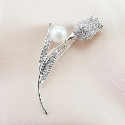 Luxury Tulip Flower Brooch Pin with White Stone – Elegant Rose Floral Jewelry for Women (2023 Design)