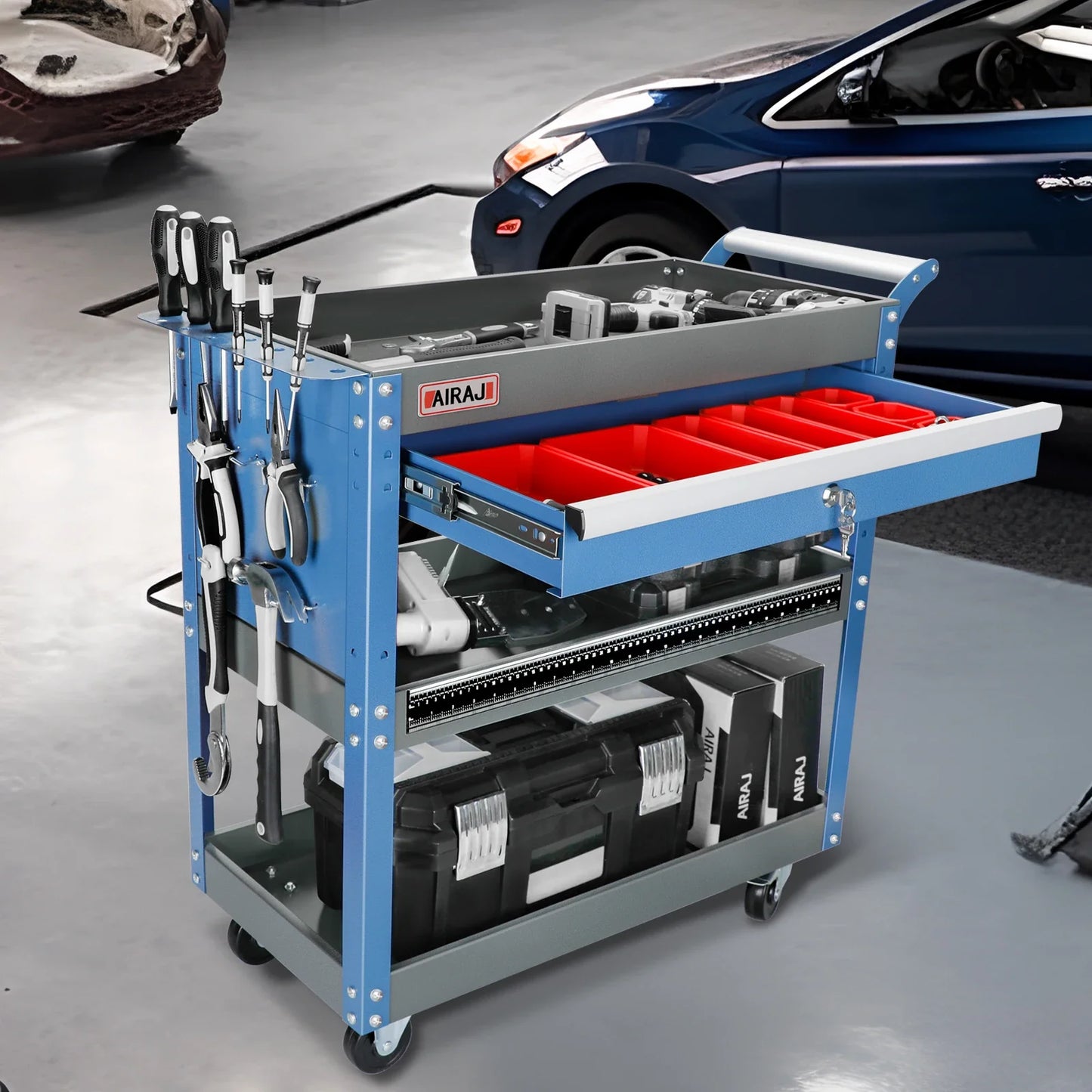AIRAJ 3-Tier Rolling Tool Cart — Heavy-Duty Metal Mechanic Utility Cart with Drawers, Wheels & Pegboard