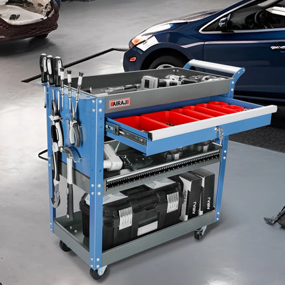 AIRAJ 3-Tier Rolling Tool Cart — Heavy-Duty Metal Mechanic Utility Cart with Drawers, Wheels & Pegboard