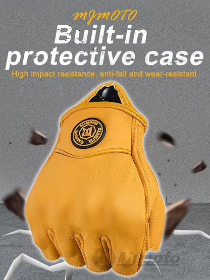MJMOTO Retro Leather Motorcycle Half Finger Gloves – Touchscreen Motocross Gloves with Hard Shell Protection, Breathable Design