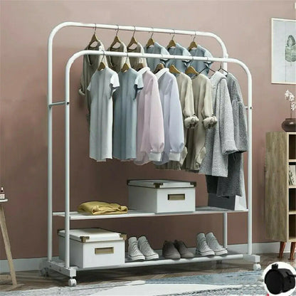 Heavy Metal Double Clothes Rack – Rolling Garment Display Stand with Storage Shelf, Closet Organizer