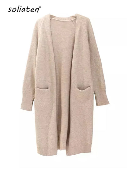Women’s Solid Color Loose Thick Warm Sweater Cardigan – V Neck Knitted Coat with Pockets, Casual Spring/Autumn Tops C-124