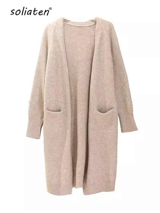 Women’s Solid Color Loose Thick Warm Sweater Cardigan – V Neck Knitted Coat with Pockets, Casual Spring/Autumn Tops C-124