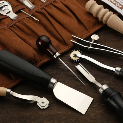 KRABALL Professional Leather Craft Tool Kit: Hand Sewing Repair Set - Wax Thread Stitching Punch Carving Work Groover DIY Tools
