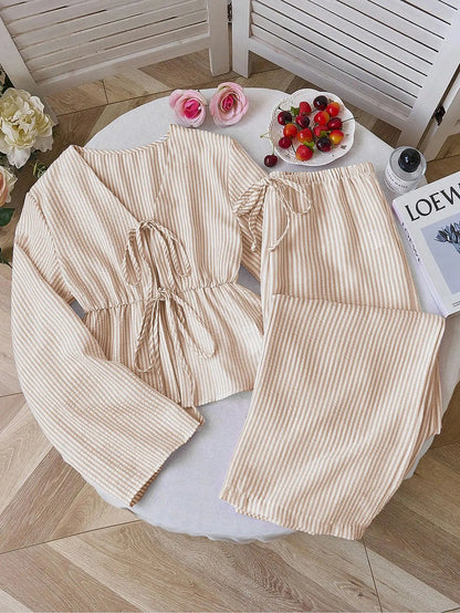 Striped Lace-Up Women’s 2-Piece Matching Set – Casual Office Commuting Outfit, Simple All-Match Two-Piece Set