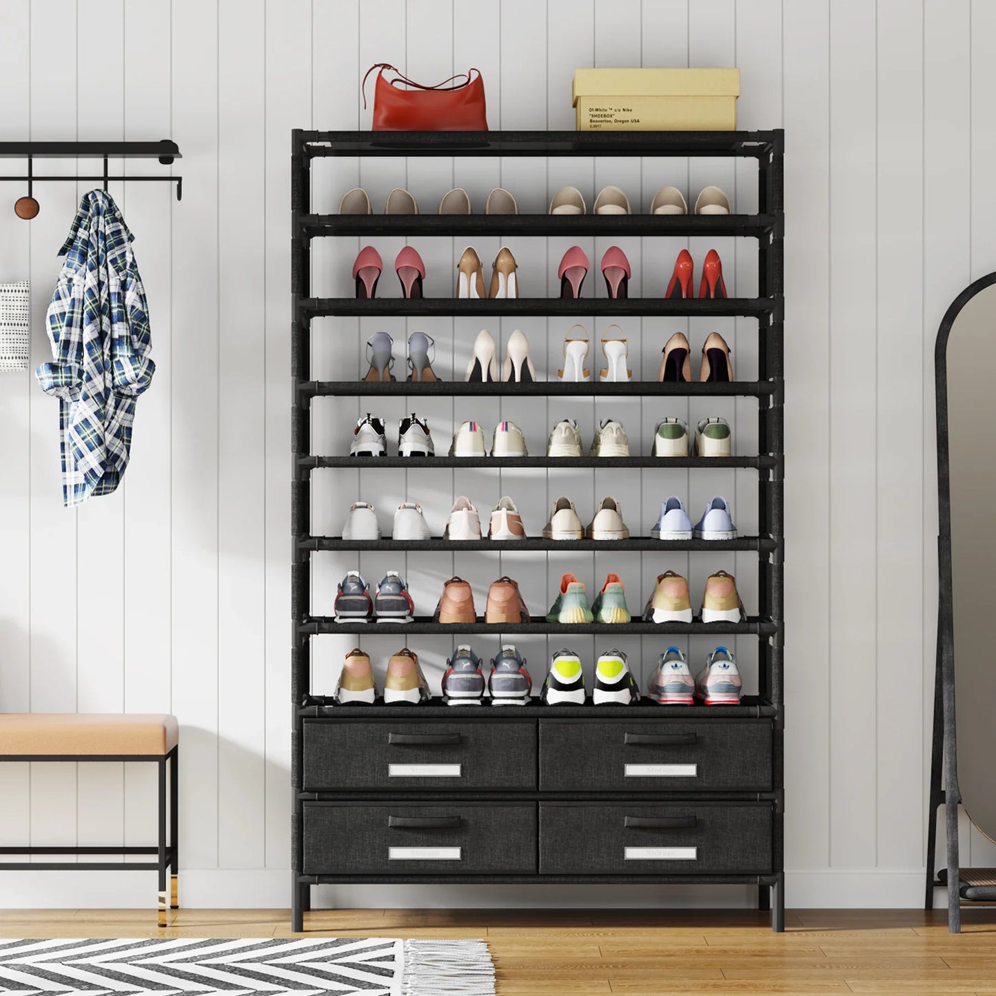 Tribesigns 10-Tier Shoe Rack Organizer – Vertical Shoe Shelf with 4 Drawer Bins, Holds 32 Pairs for Closet & Entryway
