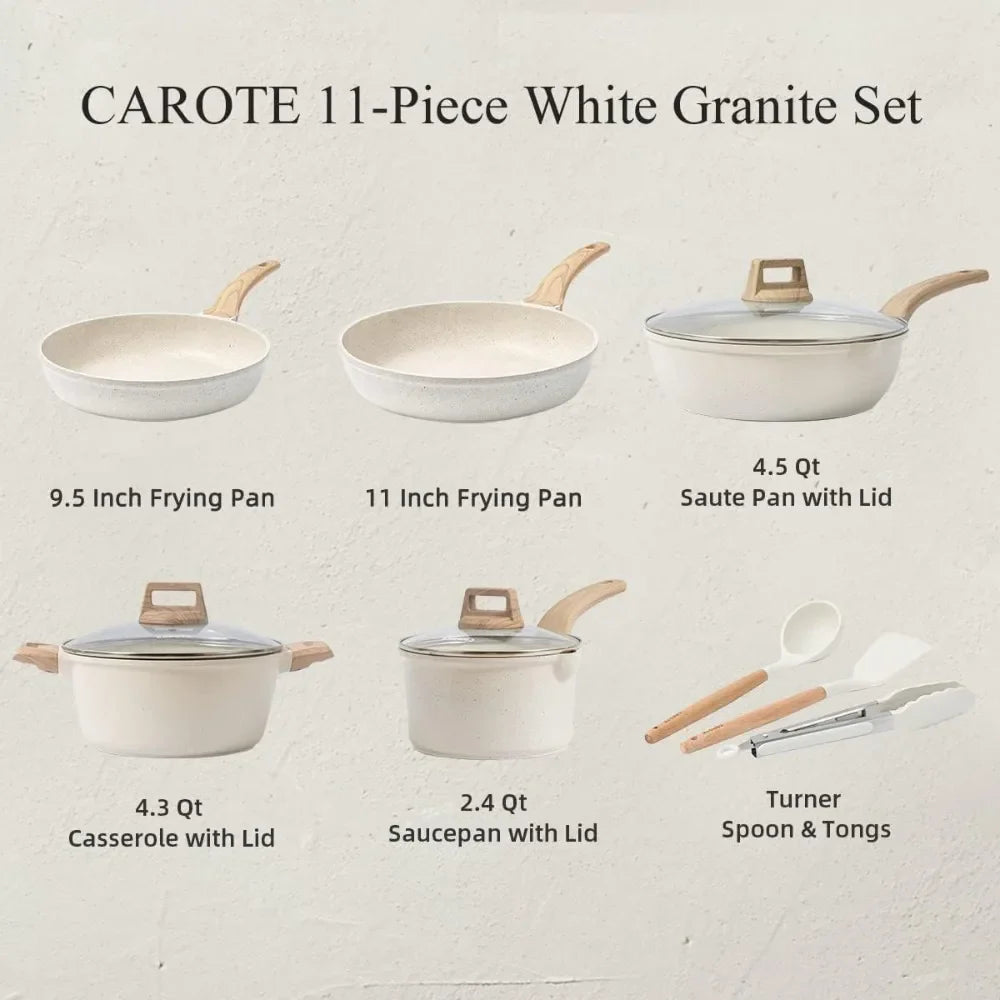 11 Piece White Granite Nonstick Cookware Set - Induction Kitchen Pots and Pans with Frying Pans