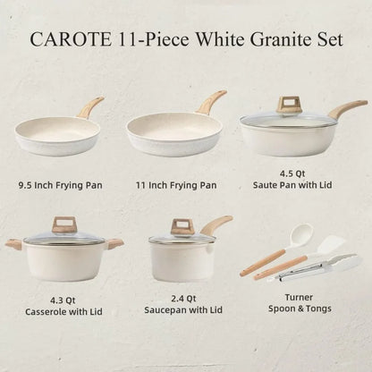 11 Piece White Granite Nonstick Cookware Set - Induction Kitchen Pots and Pans with Frying Pans
