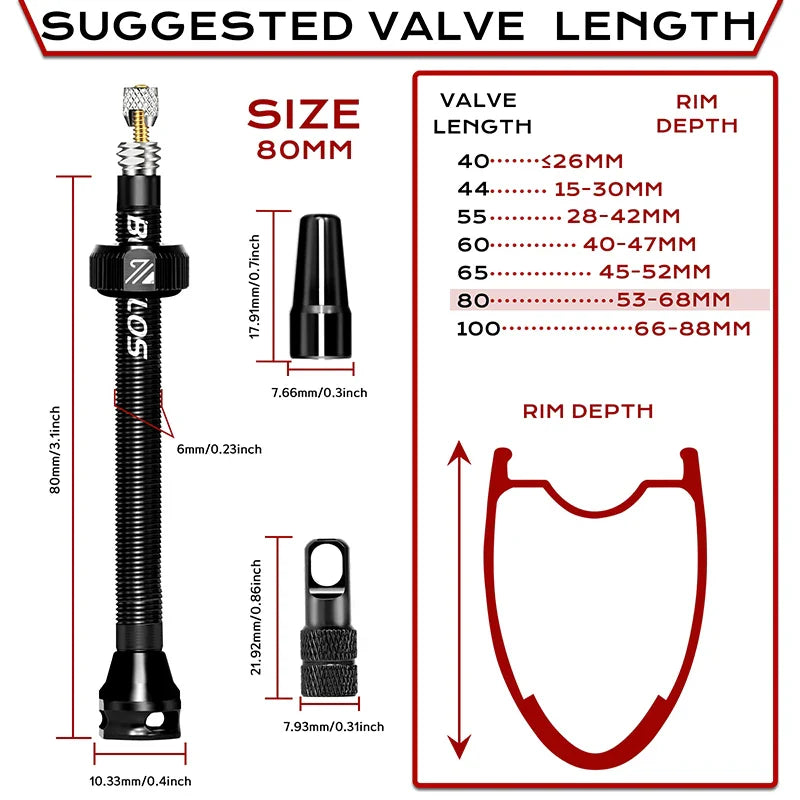 BUCKLOS Tubeless Presta Valves 40–100mm — Aluminum Alloy Bike Valve Stem for Road & MTB