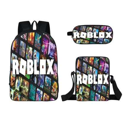 Kids Roblox 3-in-1 Backpack Set — School Bookbag, Shoulder Bag & Pencil Case Waterproof Travel Bag for Teens