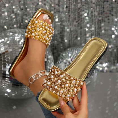 Women’s Rhinestone Flat Sandals - Crystal Embellished Non-Slip Summer Beach Slides