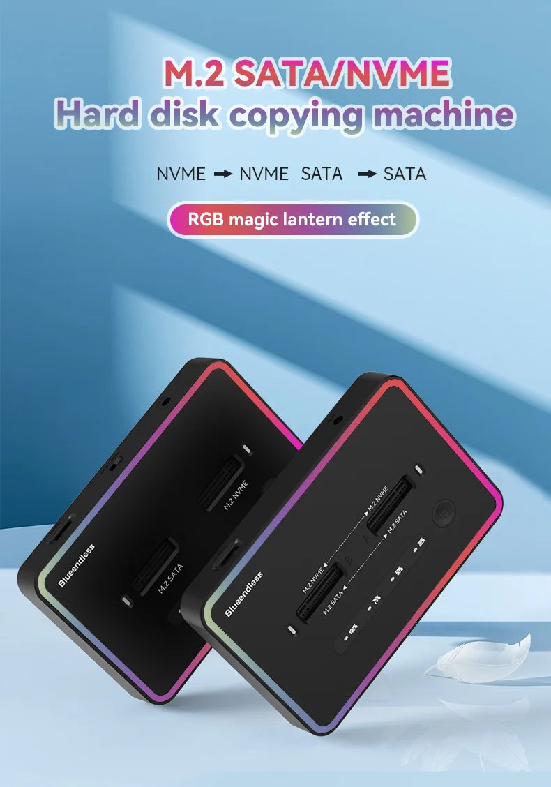 Blueendless M.2 SSD Dual Protocol Docking Station – 2-Bay PCIe NVMe Enclosure with Type-C, 10Gbps, RGB Light