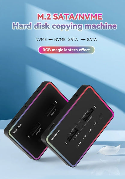Blueendless M.2 SSD Dual Protocol Docking Station – 2-Bay PCIe NVMe Enclosure with Type-C, 10Gbps, RGB Light