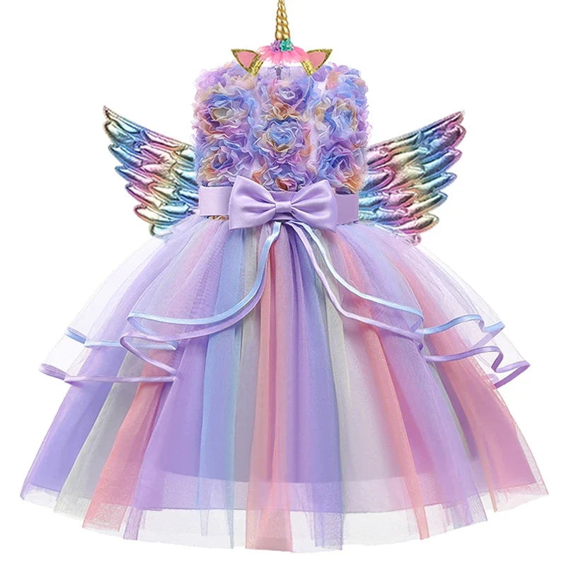 Girls’ Unicorn Princess Dress - Flower Cake Costume for Carnival, Halloween & Performances Ages 1–10