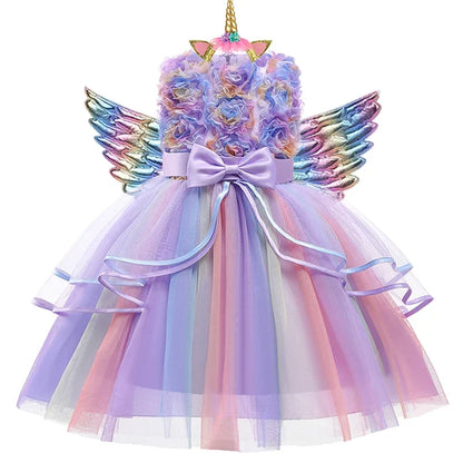 Girls’ Unicorn Princess Dress - Flower Cake Costume for Carnival, Halloween & Performances Ages 1–10