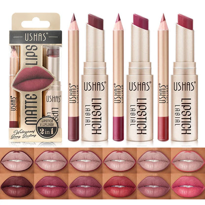 USHAS 12-Color Matte Lipstick & Lip Liner Set – Long-Lasting, Waterproof, Non-Stick Easy Coloring Lip Makeup Kit