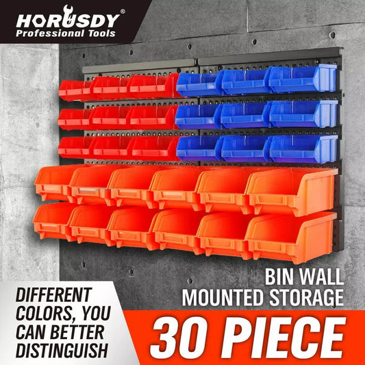 HORUSDY 30PC Wall-Mounted Parts Storage Bins – Tool Organizer Tray Rack for Workshop