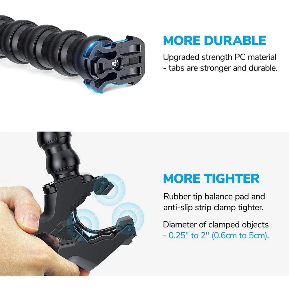 Jaws Flex Adjustable Gooseneck Clamp Mount for GoPro Hero 4–12, Insta360 & DJI Osmo Action Cameras