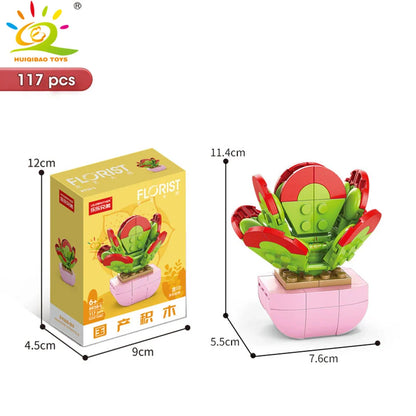 HUIQIBAO MOC Flower & Succulent Potted Building Block Set – DIY Eternal Bouquet, Home Desk Plant Decor, Girls & Kids Toy Gift