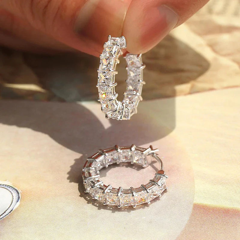 Huitan Silver Cross Hoop Earrings – Full Crystal Cubic Zirconia Statement Jewelry for Women