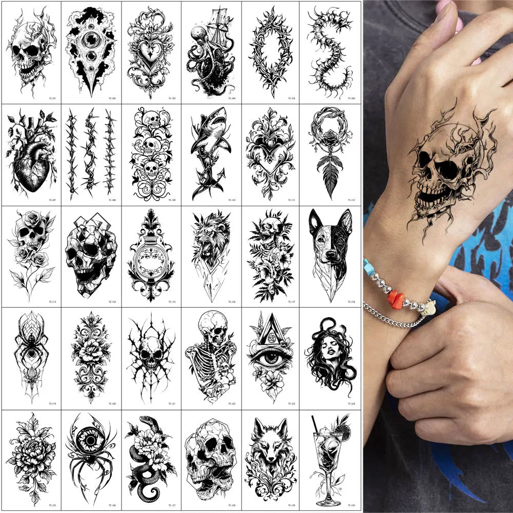 30pcs Black Temporary Tattoo Stickers - Flower Butterfly Rose Moon Star Mandala Designs for Hand, Chest & Body Art