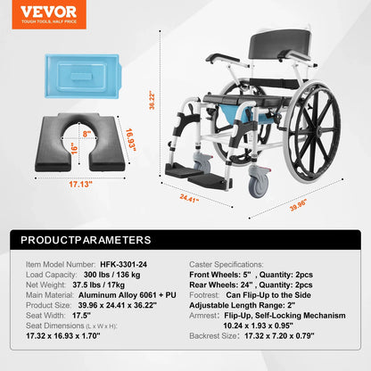 VEVOR 17.5in Shower Wheelchair – Adjustable Rolling Bathroom Chair for Disabled Adults, 300 lbs Capacity