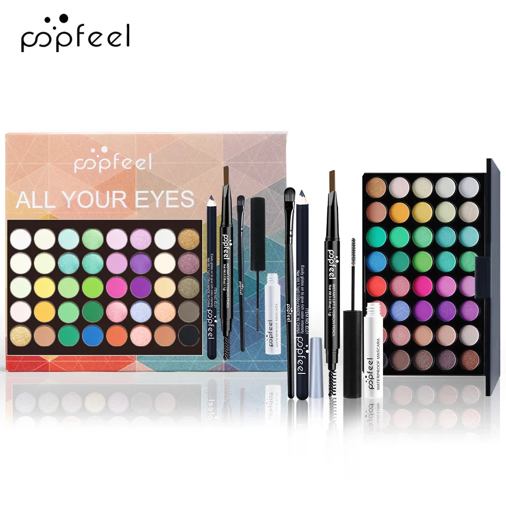 POPFEEL Complete Eye Makeup Set – Eyeshadow Palette, Eyeliner, Mascara & Eyebrow Pencil with Makeup Tools Gift Box for Women