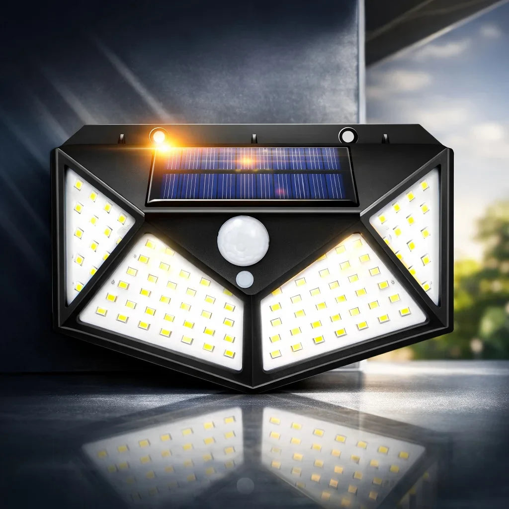 Solar Powered 100 LED Motion Sensor Outdoor Wall Light, Waterproof Security Lamp for Garden, Fence, Yard & Pathway Lighting